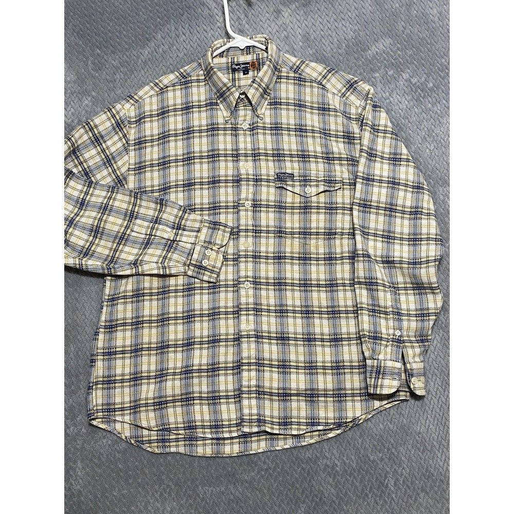 Pepe Jeans Flannel Shirt Mens XL Yellow Blue Plaid Button Down Long Sleeve